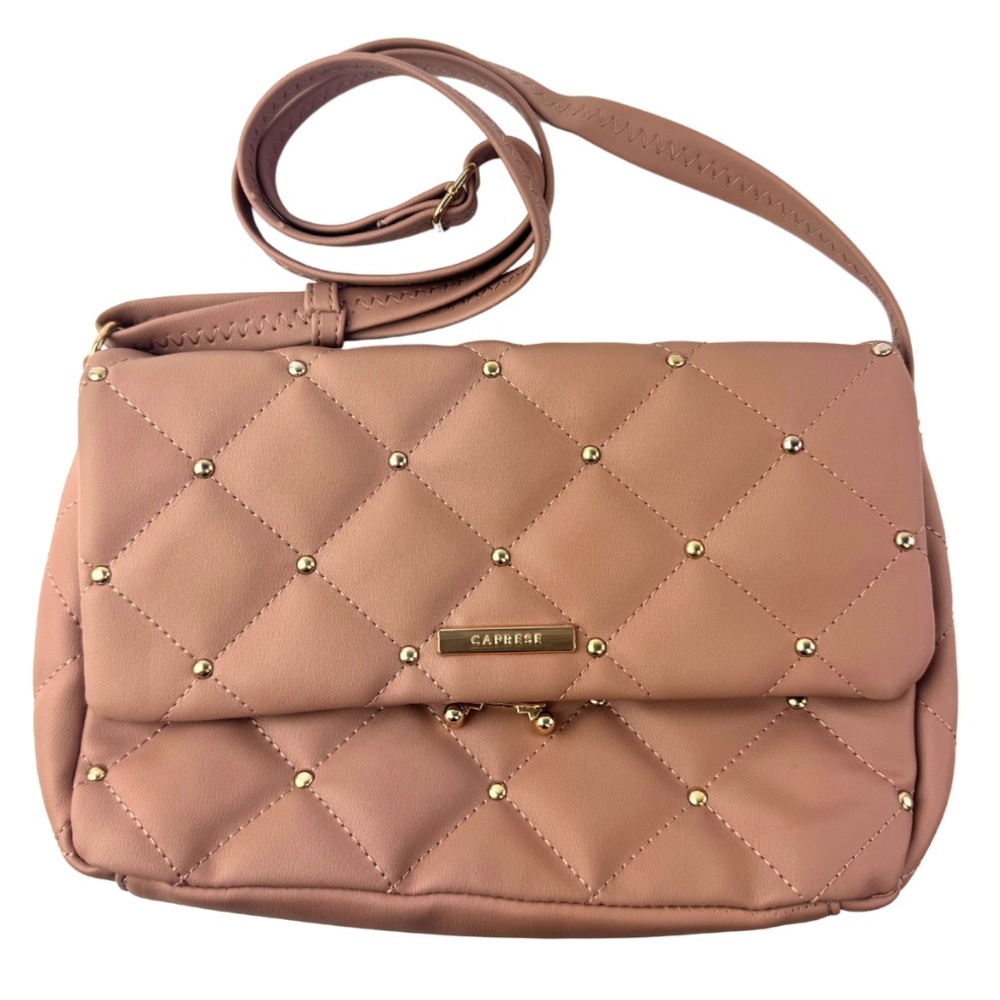 Caprese Quilted Faux‎ Leather Crossbody Purse Bag – Warm Cocoa, Gold Studs